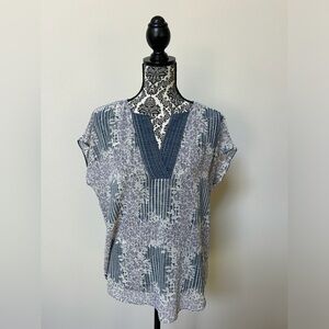 Cabi #278 Printed Stitch Placket Floral Plaid Sheer Blouse Top M